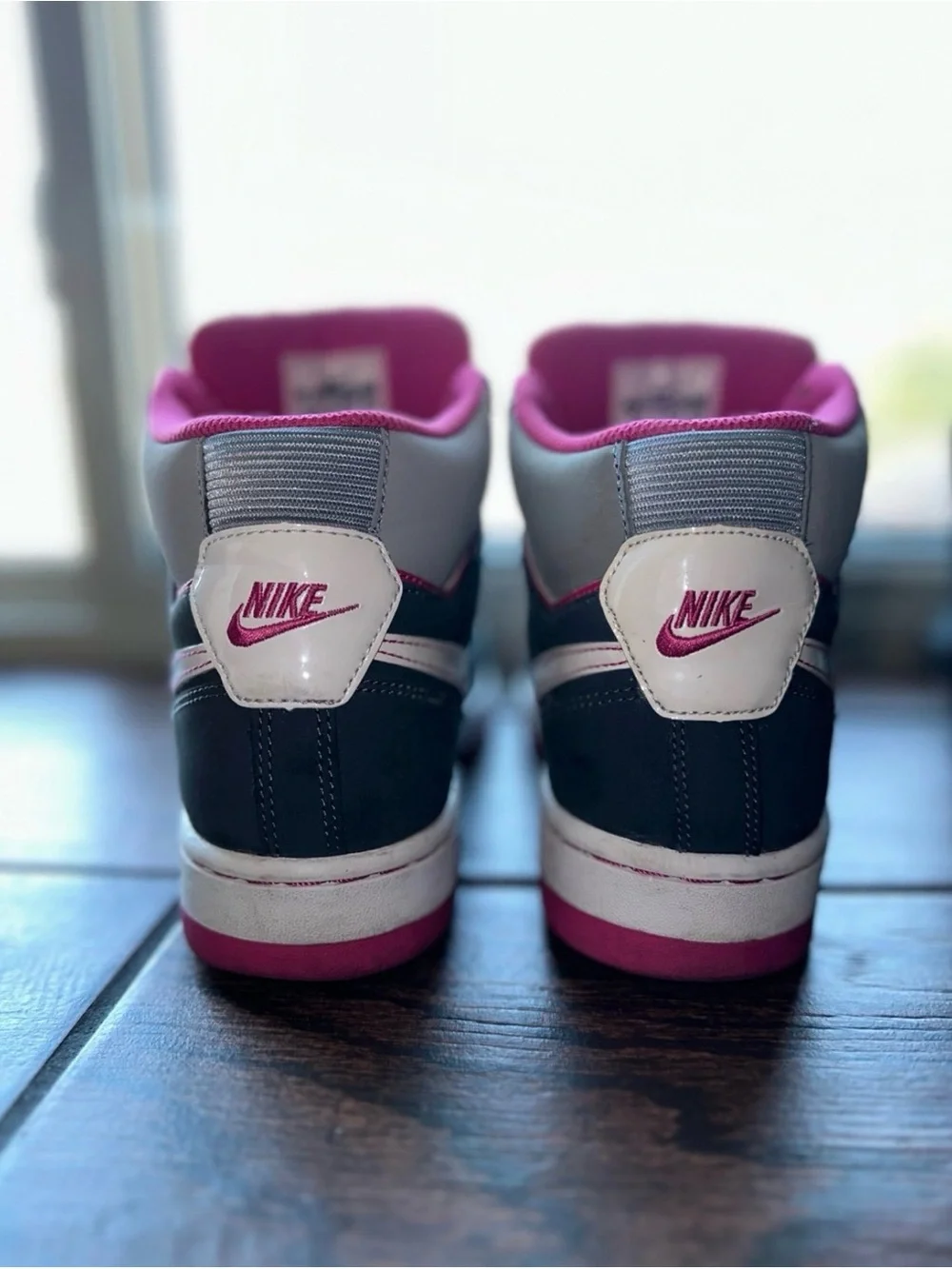 Nike High-Top Sneakers in White, Gray & Pink Accent